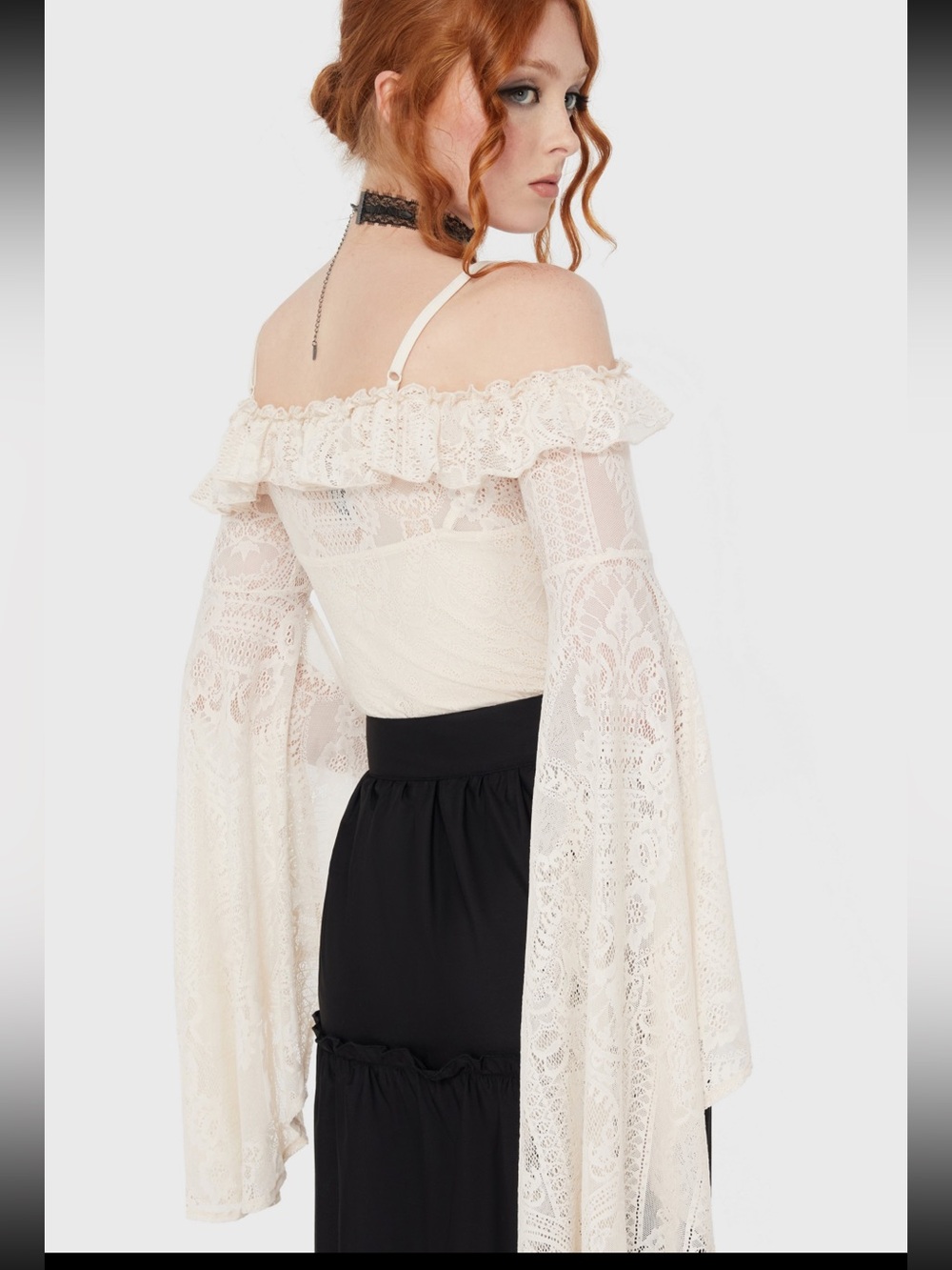 Killstar Breathless Lace Bardot Ivory Cream Lace Off-Shoulder Bell Sleeve Gothic - Picture 4 of 10